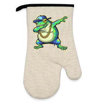 Green Street Frog with Gold Chain Dabbing - Oven glove with rubber coating - linen/black  - Front