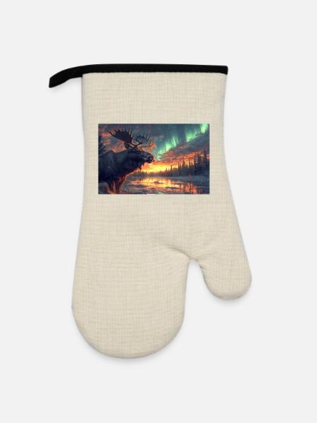 Elch unter Polarlichtern - Ofenhandschuh mit Gummibeschichtung - Leinen/Schwarz