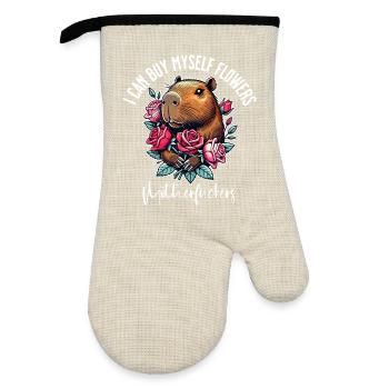Je peux m’acheter des fleurs – Cheeky Capybara Design - Gant de cuisine avec revêtement en caoutchouc - lin/noir  - Devant