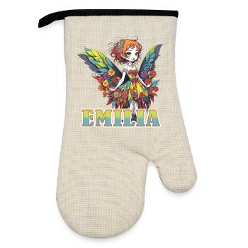 Emilia - maiden name - fairy - Oven glove with rubber coating - linen/black  - Front