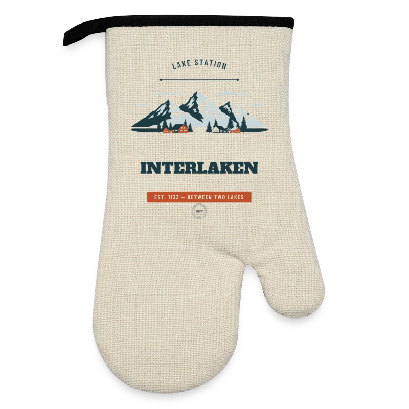 Interlaken badge on a oven glove with rubber coating