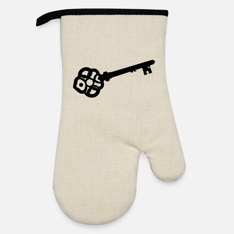 Ornate Skeleton Key Silhouette - Oven glove with rubber coating - linen/black 