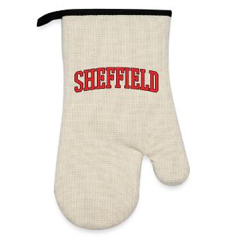Sheffield Lettering Red on Black - Oven glove with rubber coating - linen/black  - Front