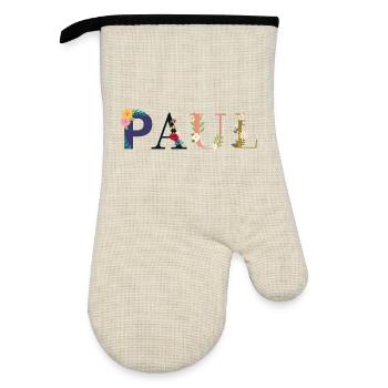 PAUL name decorated with flowers - Oven glove with rubber coating - linen/black  - Front