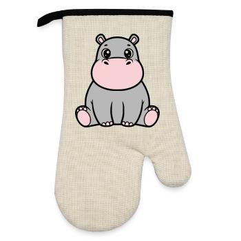 Süßes Baby Nilpferd Sitzend Kawaii - Ofenhandschuh mit Gummibeschichtung - Leinen/Schwarz  - Vorne