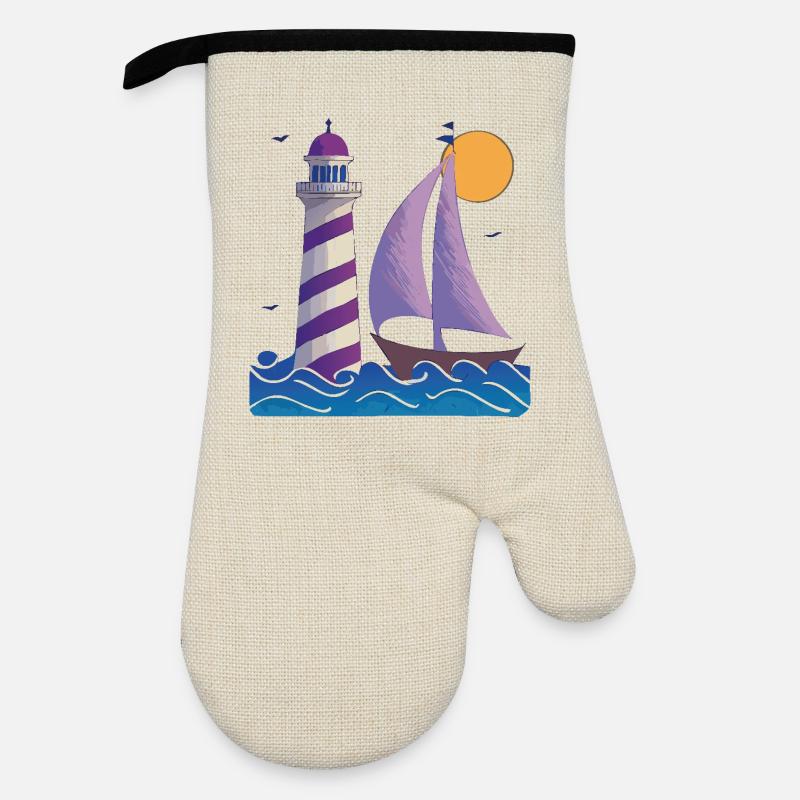Lighthouse with boat - Oven glove with rubber coating - linen/black