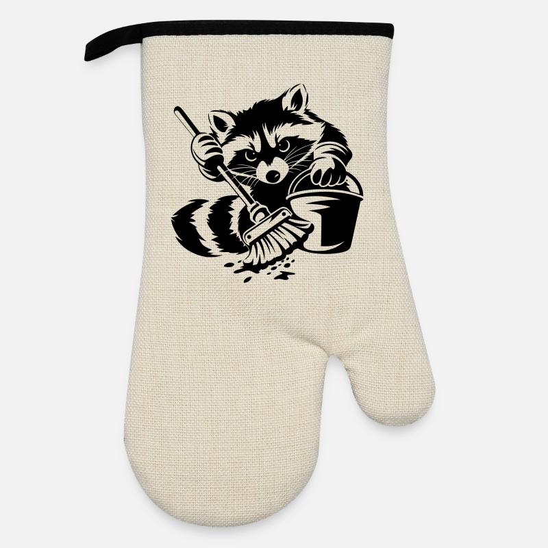 Waschbär mit Eimer & Mopp - Ofenhandschuh mit Gummibeschichtung - Leinen/Schwarz 