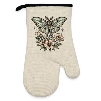 Moth with flower bouquet - Oven glove with rubber coating - linen/black  - Front