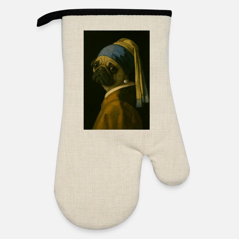 Pug with pearl earring in Mona-Lisa style - Oven glove with rubber coating - linen/black 