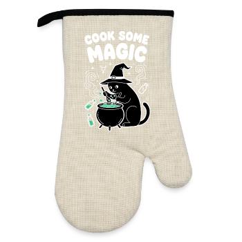 Cat magic in the cauldron - Oven glove with rubber coating - linen/black  - Front