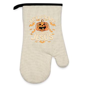 Life is scary without Jesus - Oven glove with rubber coating - linen/black  - Front