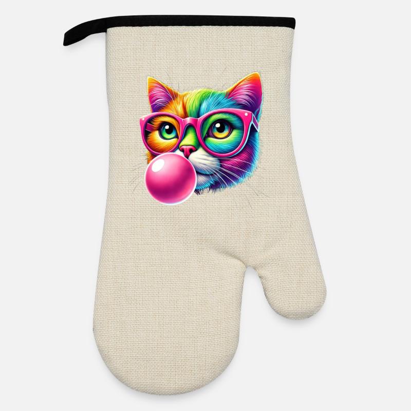 Bunte Katze mit Brille und Kaugummi-Design - Ofenhandschuh mit Gummibeschichtung - Leinen/Schwarz 