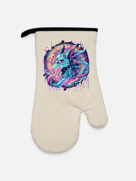 Psychedelische Fuchs Kopf Goa Kunst - Ofenhandschuh mit Gummibeschichtung - Leinen/Schwarz