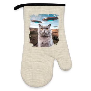 Funny British Shorthair Cat selfie with Alien UFOs - Oven glove with rubber coating - linen/black  - Front