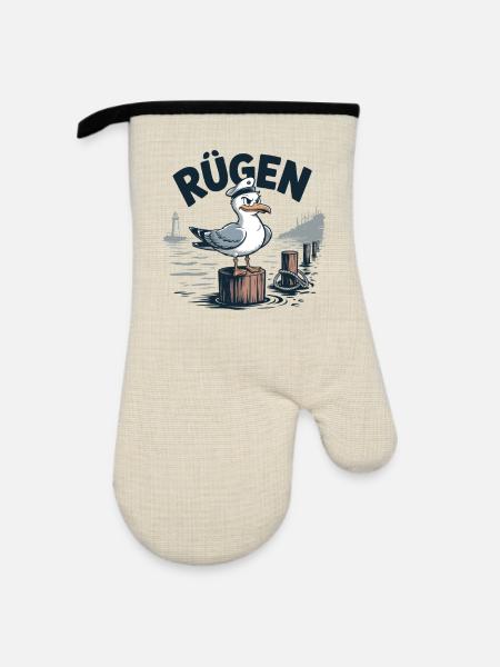 Rügen Kapitän Seemöwe Motiv Ostsee - Ofenhandschuh mit Gummibeschichtung - Leinen/Schwarz
