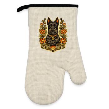 Terrier écossais à cadre floral - Gant de cuisine avec revêtement en caoutchouc - lin/noir  - Devant