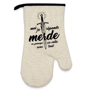 Moi j'réponds Merde en principe ça colle avec tout - Gant de cuisine avec revêtement en caoutchouc - lin/noir  - Devant