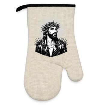 Jesus Christus mit stylischer Frisur & Lederjacke - Ofenhandschuh mit Gummibeschichtung - Leinen/Schwarz  - Vorne