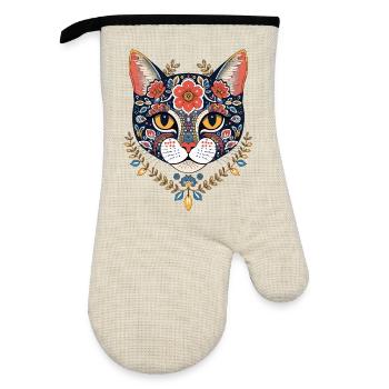floral cat head art design - Oven glove with rubber coating - linen/black  - Front
