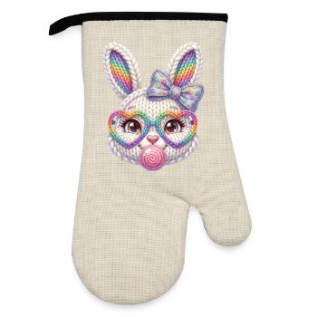 Osterhase Kaugummiblase Herz Brille Regenbogen - Ofenhandschuh mit Gummibeschichtung - Leinen/Schwarz  - Vorne