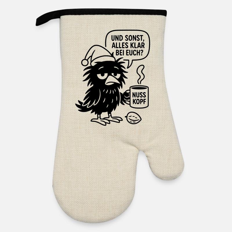 Cute Raven with Cup and Speech Bubble - Oven glove with rubber coating - linen/black