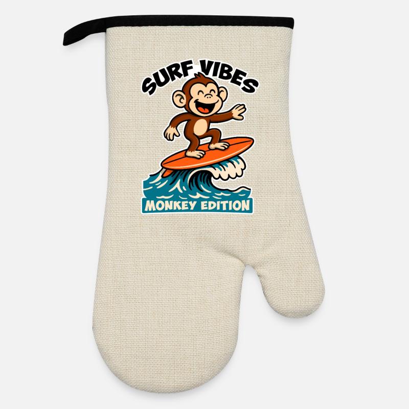 Surf Vibes, monkey edition. Happy surfing monkey - Oven glove with rubber coating - linen/black 