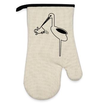 Stork with baby midwife, stork birth - Oven glove with rubber coating - linen/black  - Front
