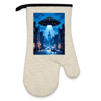 Belgian Wave – UFOs in the sky - Oven glove with rubber coating - linen/black  - Front