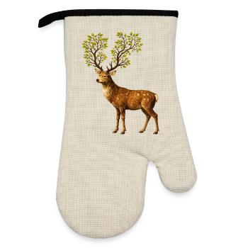 Deer with tree antlers – nature spirit of the forest - Oven glove with rubber coating - linen/black  - Front
