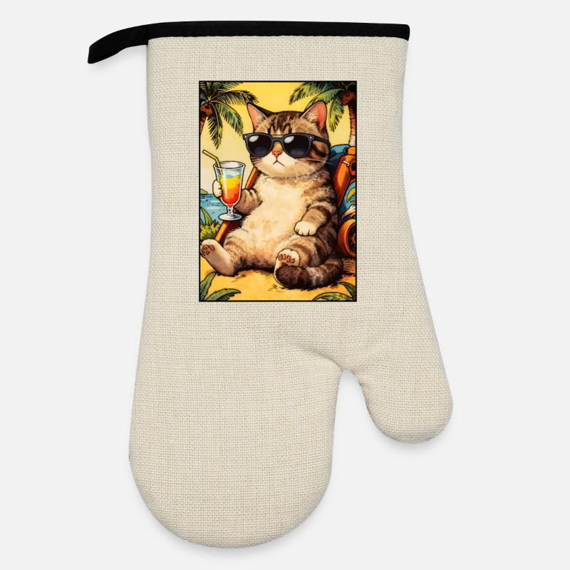 Cool Cat on Summer Vacation - Oven glove with rubber coating - linen/black 