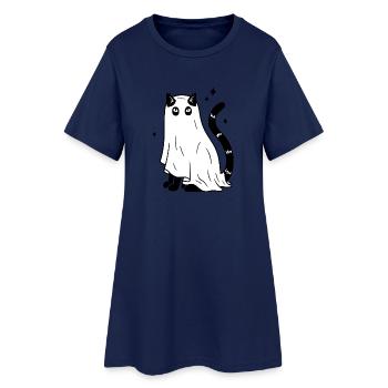 Halloween Katze Gespenst - SW mit Sternen - Frauen T-Shirt-Kleid - Light Navy - Vorne