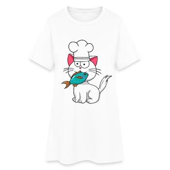 Chat, Poisson, Chef, Cuisine, Cuisinier À La Maison, Chats, Poisson - Robe T-shirt Femme - blanc - Devant