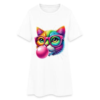 Colorful cat with glasses and bubblegum design - Women’s T-Shirt Dress - white - Front