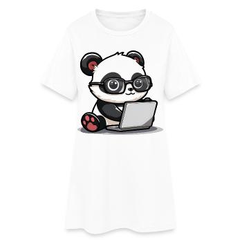 Panda Cartoon Working on Laptop with Glasses - Women’s T-Shirt Dress - white - Front