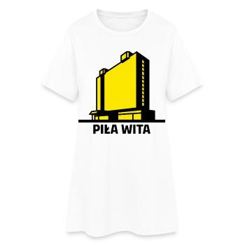 Saw vous souhaite la bienvenue. La ville de Piła et le bâtiment de l’hôtel Gromada - Robe T-shirt Femme - blanc - Devant