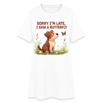 Motif de chien humoristique avec papillon - Robe T-shirt Femme - blanc - Devant