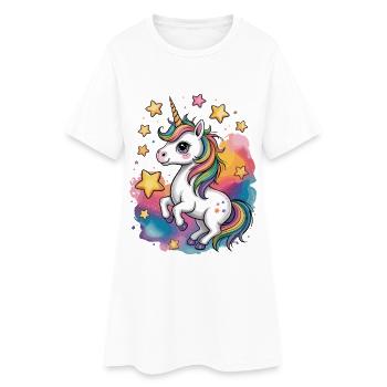 Bunter Einhorn mit Sternen und Regenbogen - Frauen T-Shirt-Kleid - Weiß - Vorne
