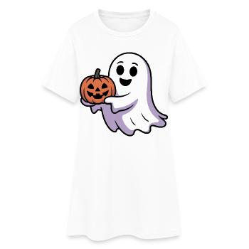 Halloween Ghost With Pumpkin Illustration - Women’s T-Shirt Dress - white - Front
