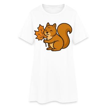 Cute Squirrel with Autumn Leaf Cartoon - Women’s T-Shirt Dress - white - Front