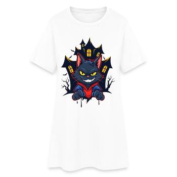 Grinsende Katze vor Spukhaus - Frauen T-Shirt-Kleid - Weiß - Vorne