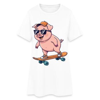Funny Pig Skating on Skateboard Cartoon Skater - Women’s T-Shirt Dress - white - Front