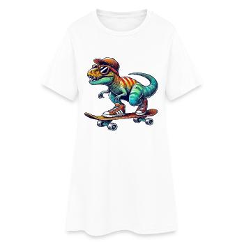 Funny Dinosaur Skating on Skateboard Cartoon Skate - Women’s T-Shirt Dress - white - Front