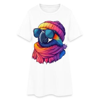 Bunte Papageien-Zeichentrick-Kawaii-Wintersonnenbrille - Frauen T-Shirt-Kleid - Weiß - Vorne