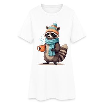Winterlicher Waschbär mit Tee - Frauen T-Shirt-Kleid - Weiß - Vorne