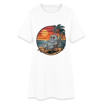 Chat britannique à poil court drôle sur un coucher de soleil d’été sur la plage - Robe T-shirt Femme - blanc - Devant