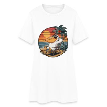Pélican drôle sur la plage Coucher de soleil des vacances d’été - Robe T-shirt Femme - blanc - Devant