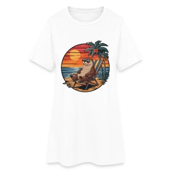 Lustiger Otter am Strand, Sommerurlaub Sonnenuntergang - Frauen T-Shirt-Kleid - Weiß - Vorne