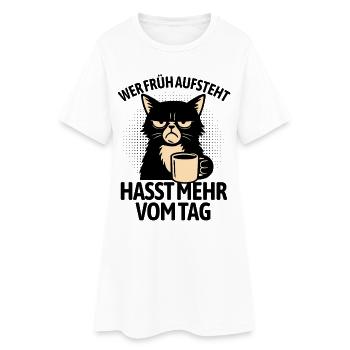 Katze - Wer früh aufsteht hasst mehr vom Tag - Frauen T-Shirt-Kleid - Weiß - Vorne