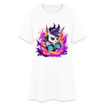 Neon DJ Bunny with Flame Colors - Women’s T-Shirt Dress - white - Front