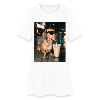 Dackel trink Eiskaffee, Lustiges Dackel Foto - Frauen T-Shirt-Kleid - Weiß - Vorne